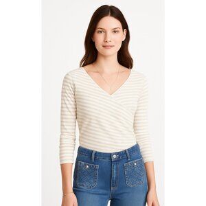 Anthropologie Deletta Womens Top Medium Tan White Striped Off Shoulder Ribbed